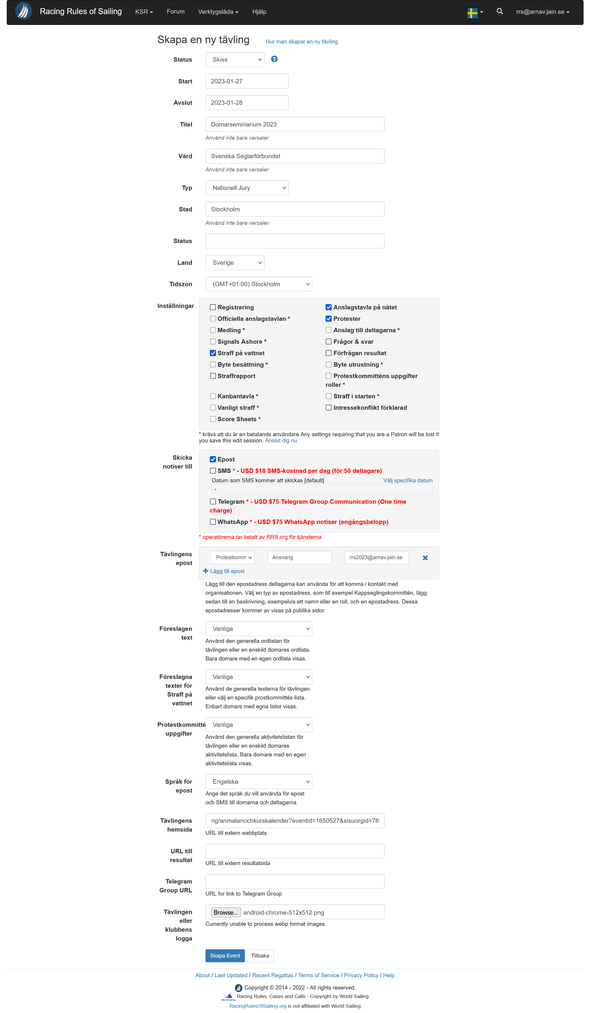 Ifylld formulär för att skapa en ny tävling